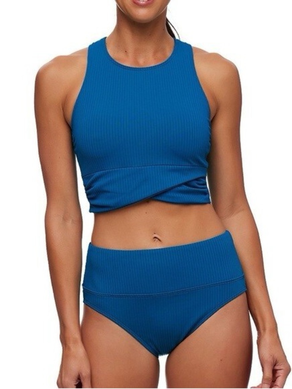 Next by Athena Ribbed Static High-Neck Racerback Bikini Set in Teal Blue Size XL